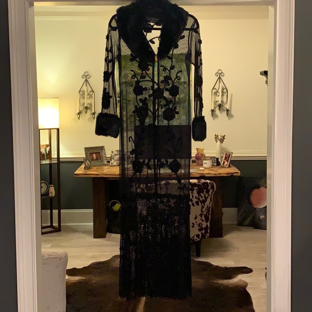 Sue Wong Black Duster with Fur and sequins